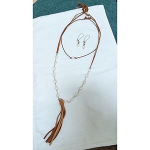 Brown leather & white freshwater pearl necklaces, copper horseshoe earrings